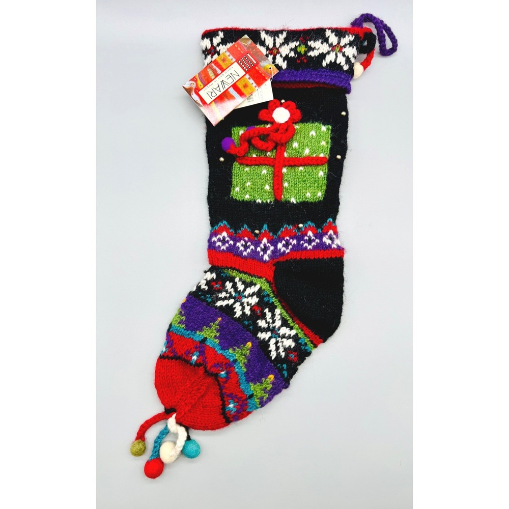 Newari Icelandic Design Christmas Stocking Present Wool Hand Knit Nepal